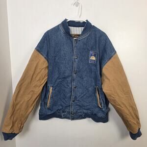 International Denim Blue Tan Atlanta 1996 Olympics Snap Up Varsity Jacket Size L